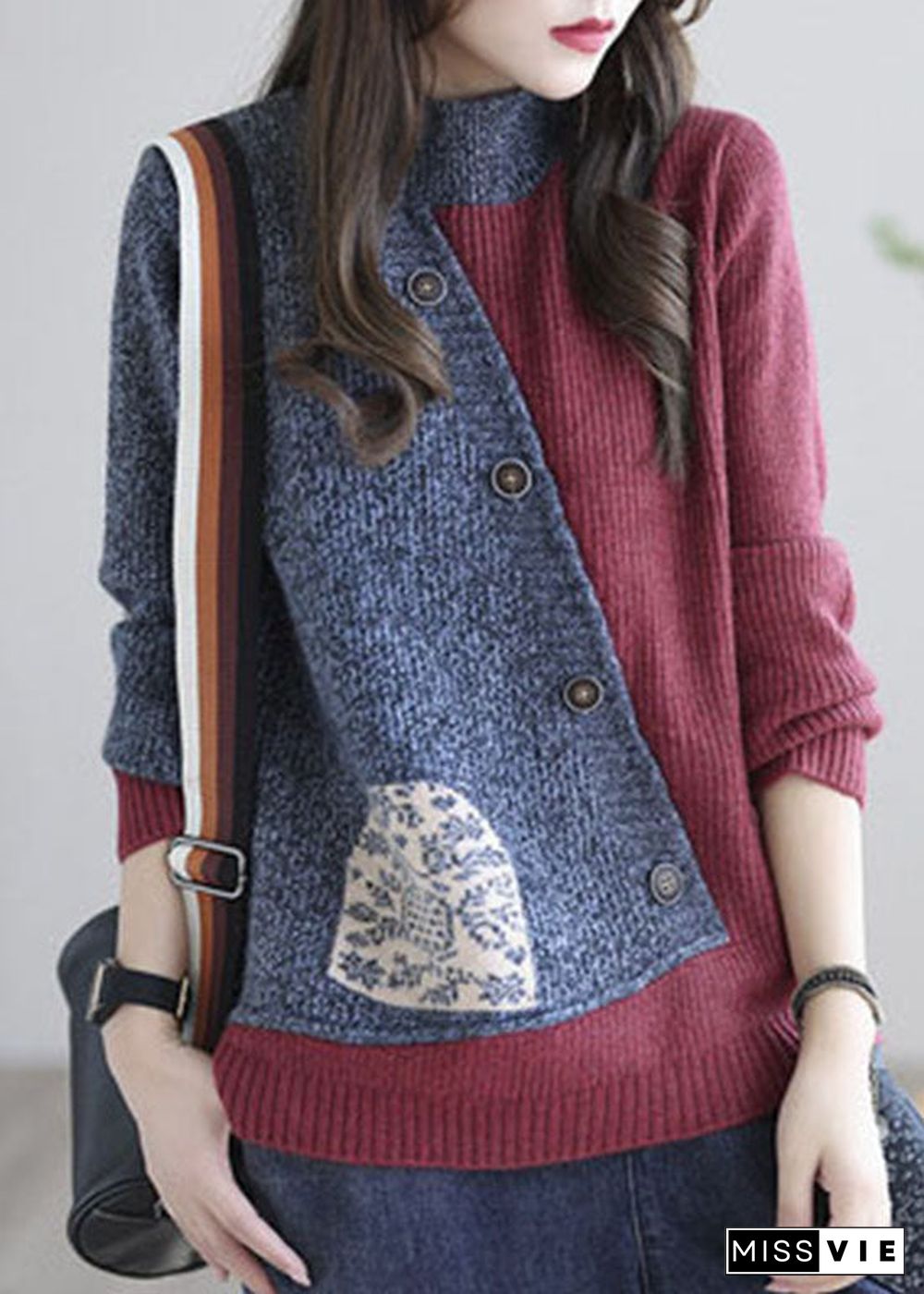 Plus size Red grey Stand Collar Patchwork Knit tops Spring