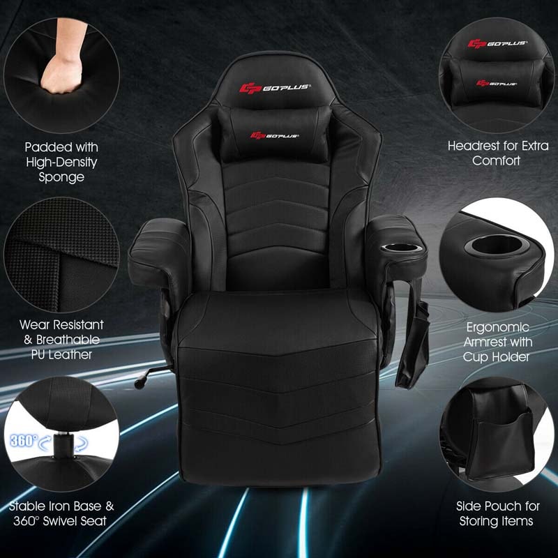 PU Leather Massage Gaming Chair, Ergonomic High Back Racing Style Gaming Recliner with Adjustable Backrest & Footrest, Cup Holder, Side Pouch