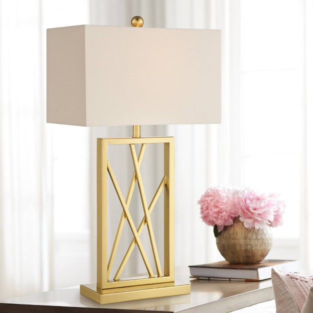 Tall Square Modern Glam Luxe Table Lamp Gold Finish Metal Single White Shade Living Room Bedroom Bedside Nightstand House