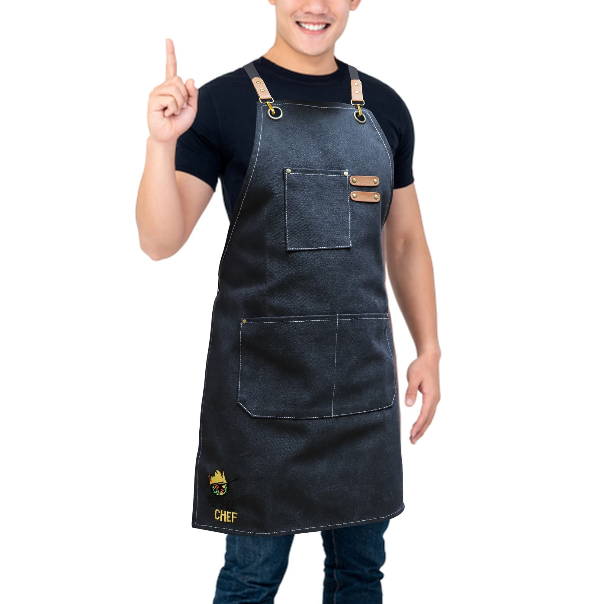 Tipsee Chef Kitchen Apron with 3-Pocket Black Canvas Utility Apron for Cooking， BBQ， Grilling， Welding， Carpentry， Mechanics