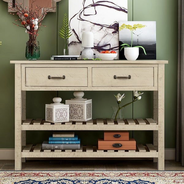 Retro Console Table for Entryway with Drawers and Shelf Living Room