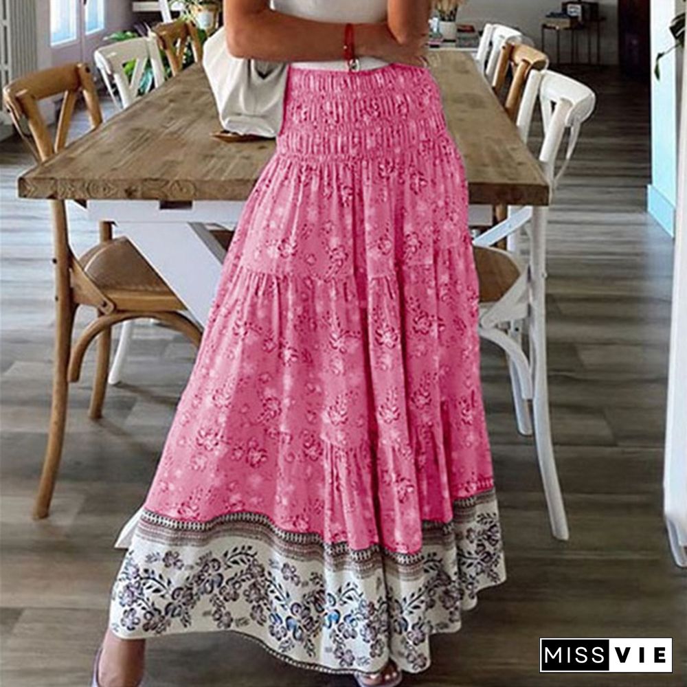 Plus Size Skirt Boho Style Floral Printed High Waist Skirt Holiday Beach Long Skirt Jupes