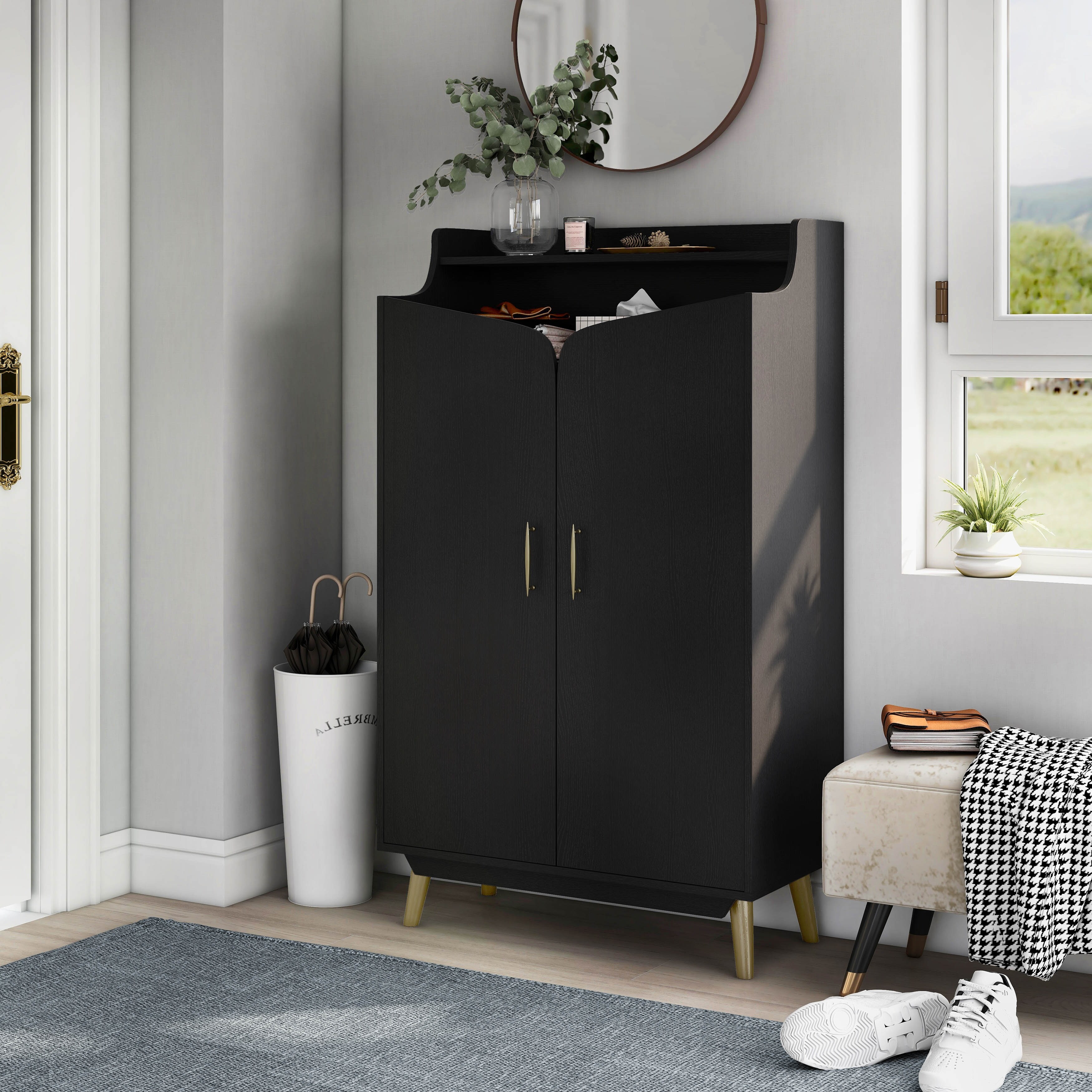 DH BASIC Chic Black with Gold 15-Pair Double-Door Shoe Cabinet by Denhour - - 35517978