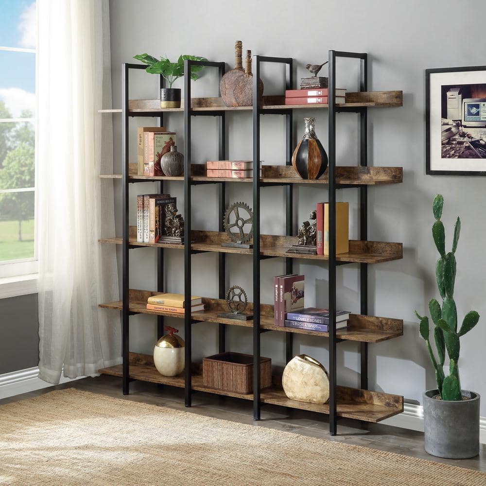 Tatahance Industrial Style 70.9 in. Wide Brown Finish 5 Shelf Open Bookcase with Black Metal Frame WF286176AAT-Z