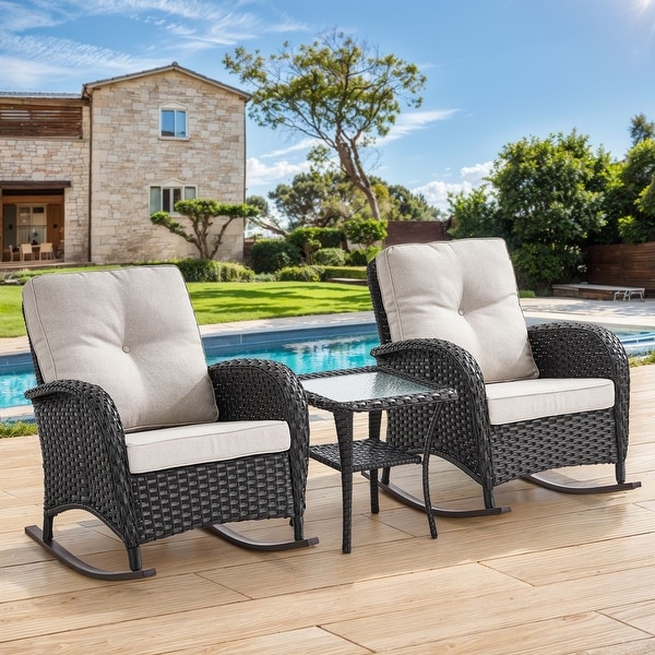 Gymojoy Patio Furniture Set PE Wicker Rocking Chairs and Side Table