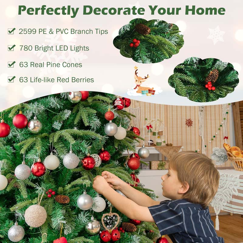 5/6/7/9FT Snowy Leaves Pre-Lit Hinged Artificial Christmas Tree with 11 Flash Modes & Multi-Color Lights