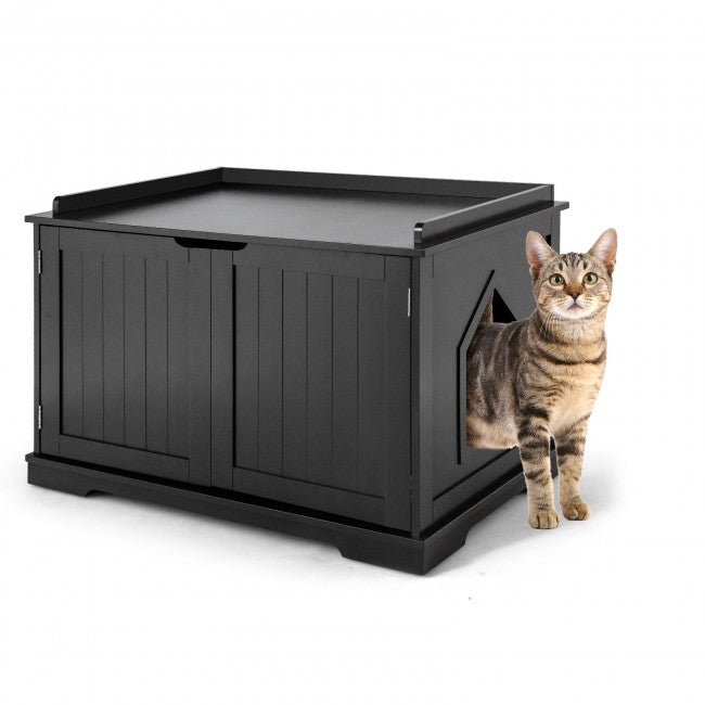 Cat Litter Box Cabinet Furniture Cat Washroom Storage Bench Black