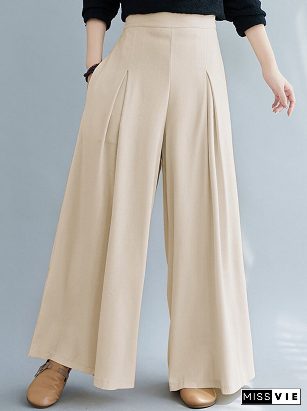 Solid Color Pleated Elastic Waist Casual Loose Wide-Leg Pants for Women