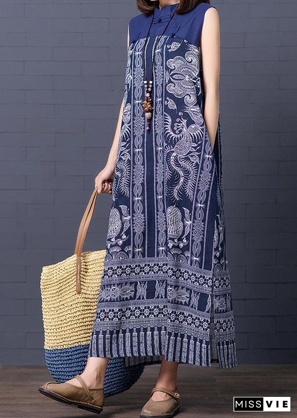 Simple stand collar summer clothes For Women Shape blue Vintage print loose Dresses