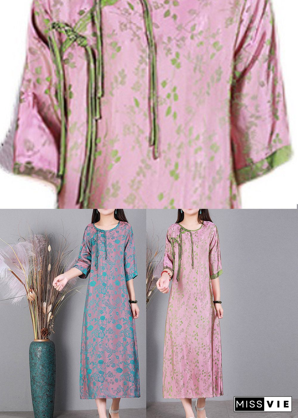 Jacquard Pink O-Neck Print Button Silk Long Dress Half Sleeve