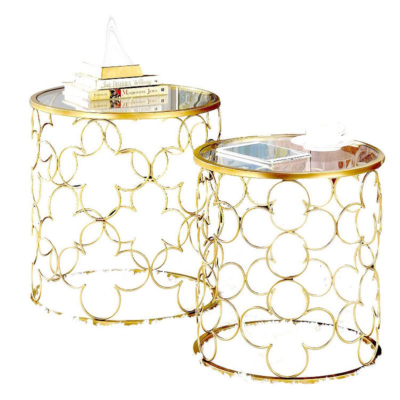 2 Piece Round Nesting Table with Lattice Metal Base， Gold