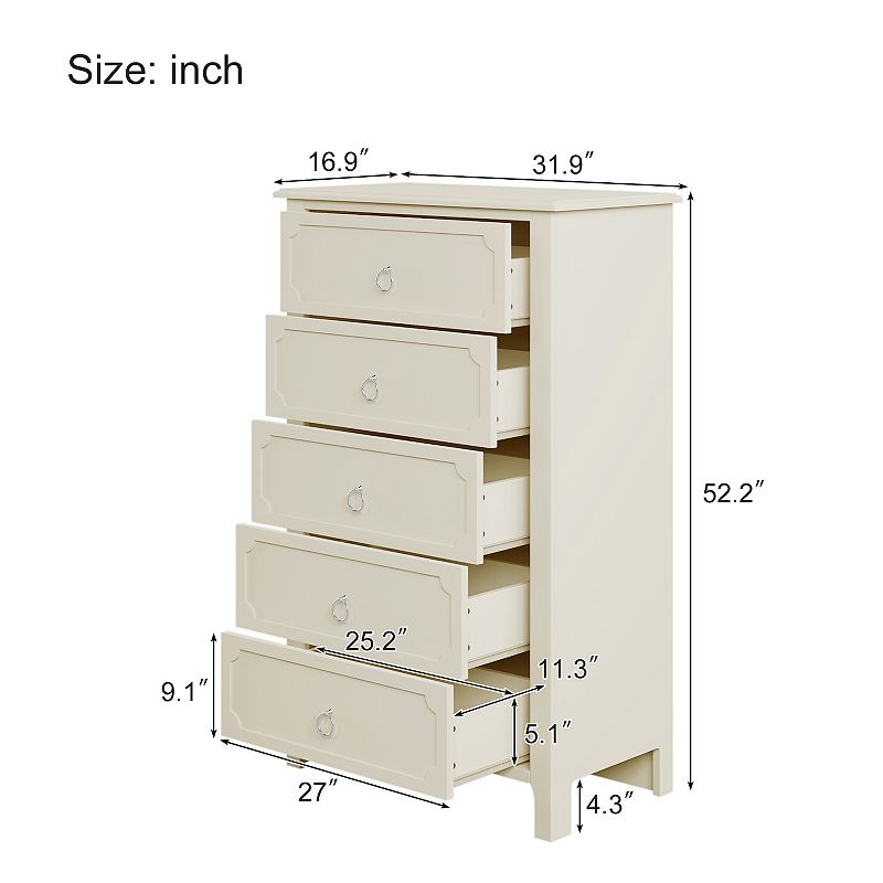 Merax Milky White Rubber Wooden Chest Five Large Drawers