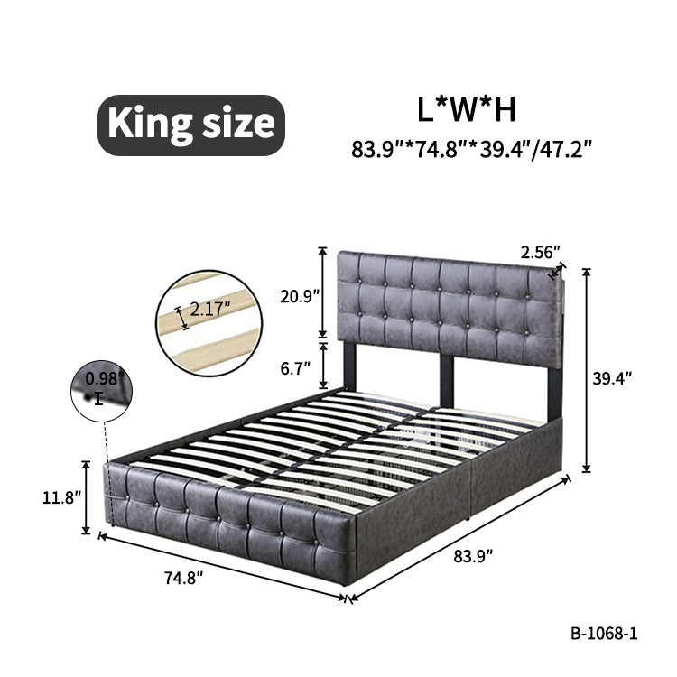 HSUNNS Modern Fabric Upholstered King Size Bed Frame with 4 Drawers, Storage Bed with Height Adjustable Headboard, Bedroom Furniture Metal Frame with Strong Wood Slats Support, Gray