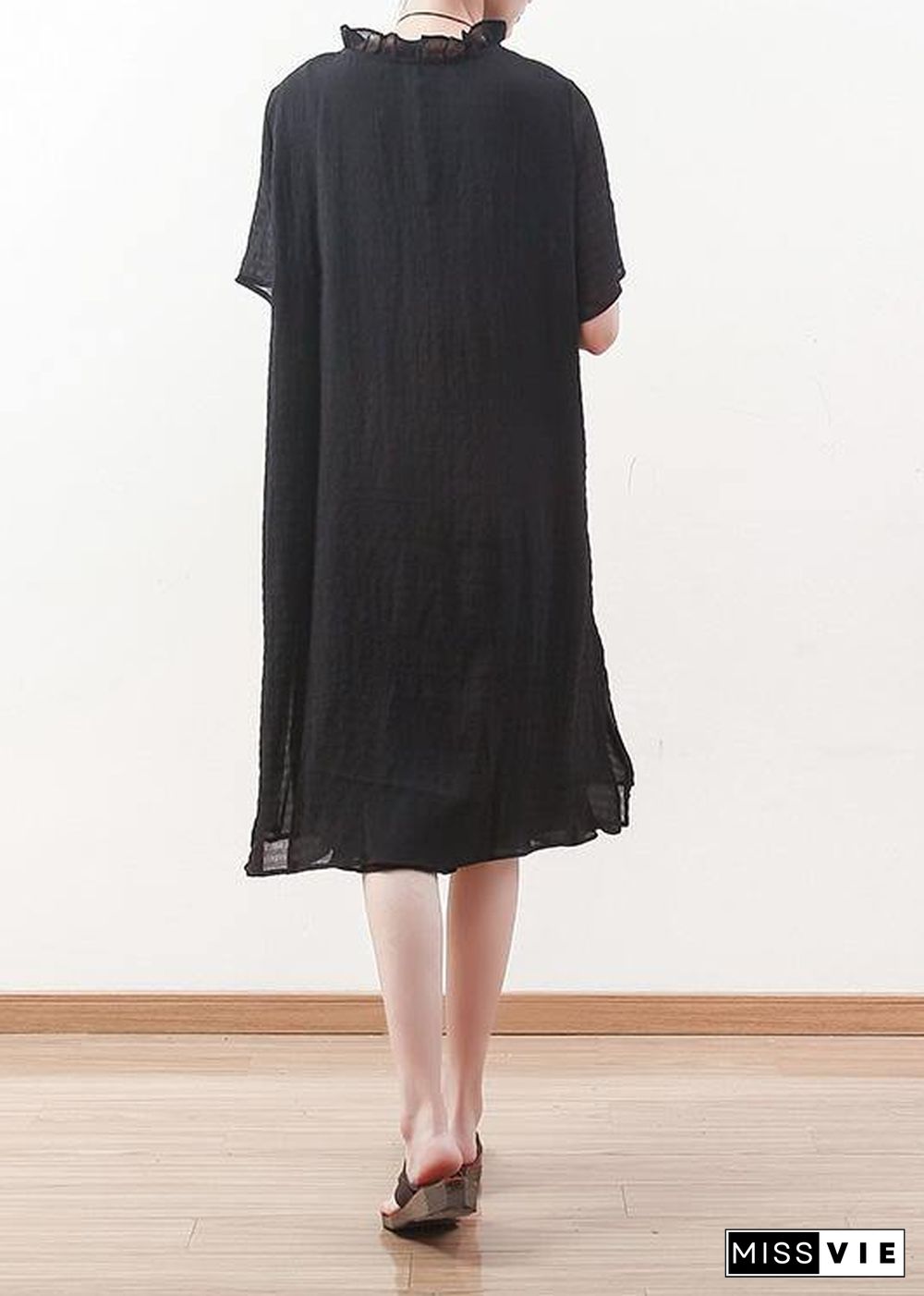 Style black Chiffon Shirts ruffles collar Knee summer Dresses