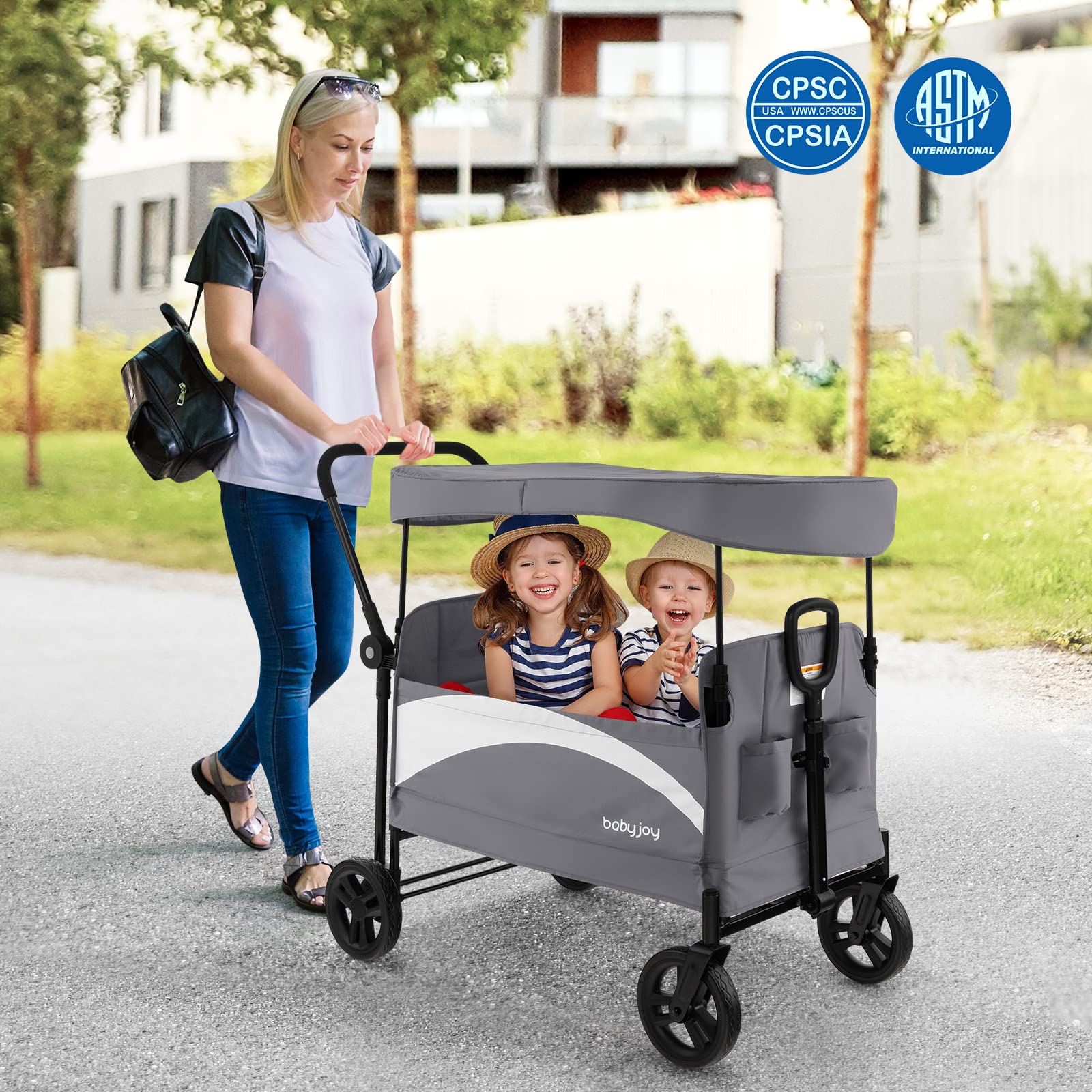 Collapsible Wagon Stroller for 2 Kids & Cargo, Push Pull Double Stroller