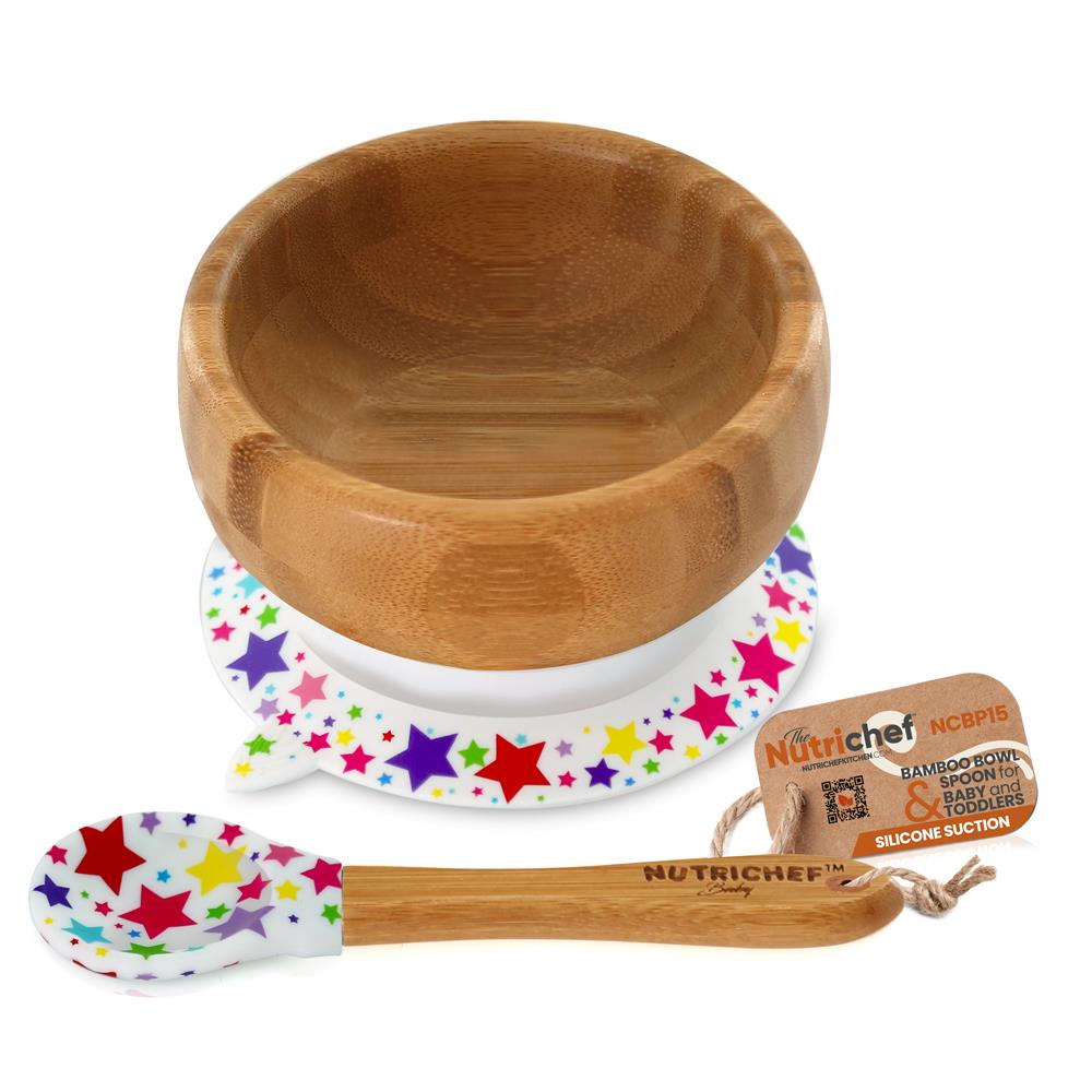 NutriChef Bamboo Baby Feeding Bowl - Wooden Infant Toddler Dish and Spoon Set w/ Silicone Suction Base for Stay Put Eating， BPA-Free， Hypoallergenic， For Children Aged 4-72 Months (Stars