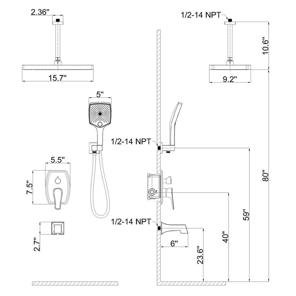 GIVING TREE Single-Handle 5-Spray Ceiling Mount Rectangle Tub and Shower Faucet with Hand Shower in Matte Black(Valve Included) HDFFBT707XC-MB