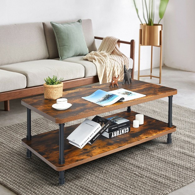 Costway Industrial Coffee Table Rustic Accent Table Storage Shelf Living Room Furniture