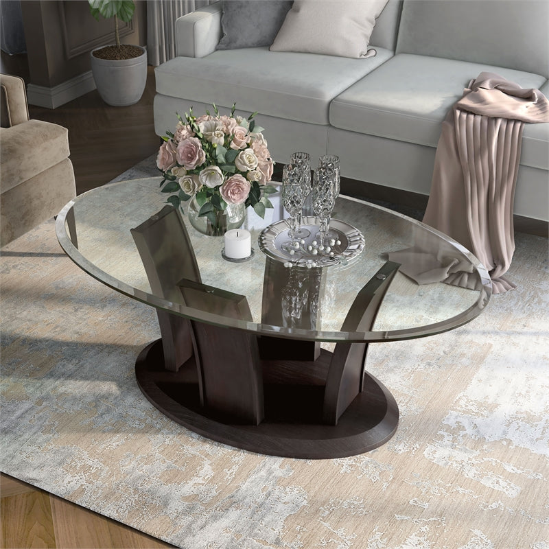 Furniture of America Lantler Oval Glass Top & Wood Coffee Table in Gray