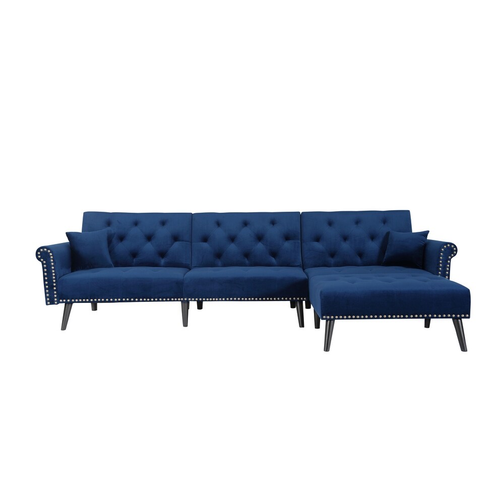 L Shape Velvet Sectional Sofa with 2 Pillows  Button Tufted Nails Convertible Sleeper