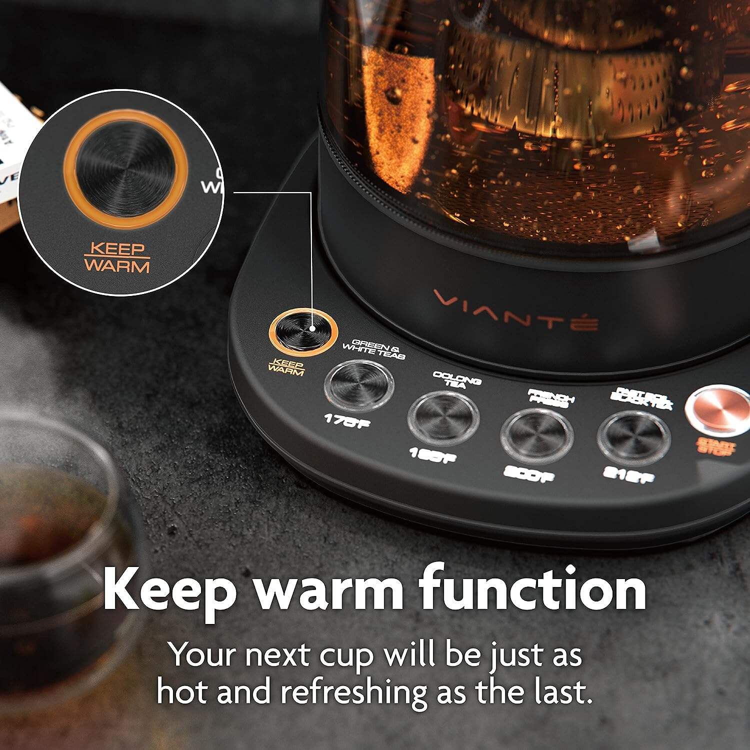 Vianté Hot Tea Maker Electric Glass Kettle with tea infuser and temperature control. Automatic Shut off. Brewing Programs for your favorite teas and Coffee.