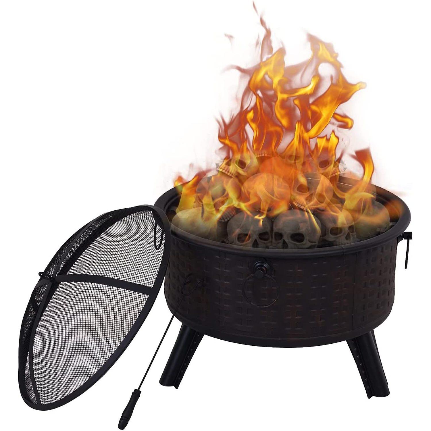 Fire Pits For Outside，round Deep Bonfire Wood Burning Fire Pit With Spark Screen Cover Safe Mesh Lid And Poker