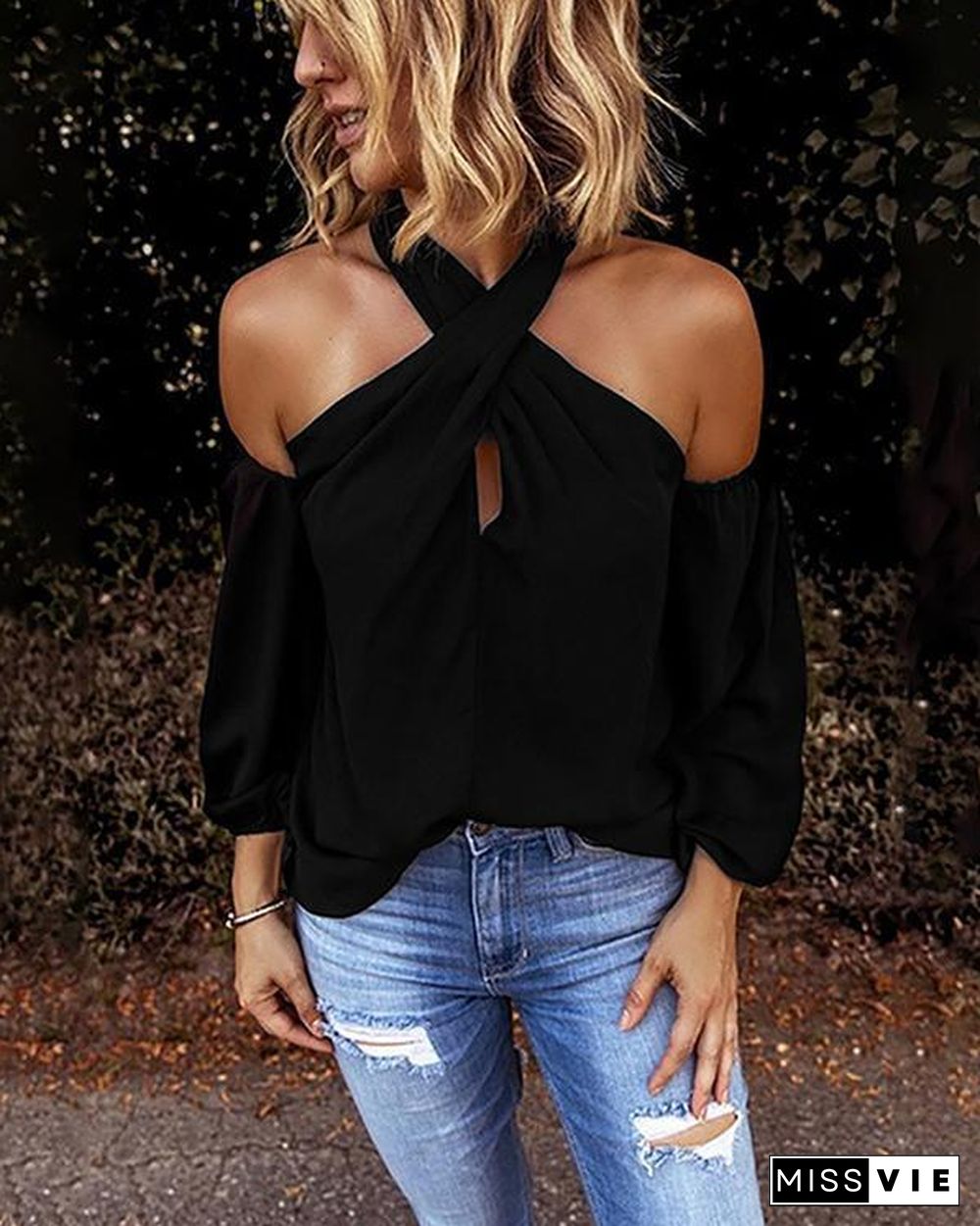 Women Fashion Blouse Halter Solid Color Shirt Casual Off Shoulder Plus Size Blouse