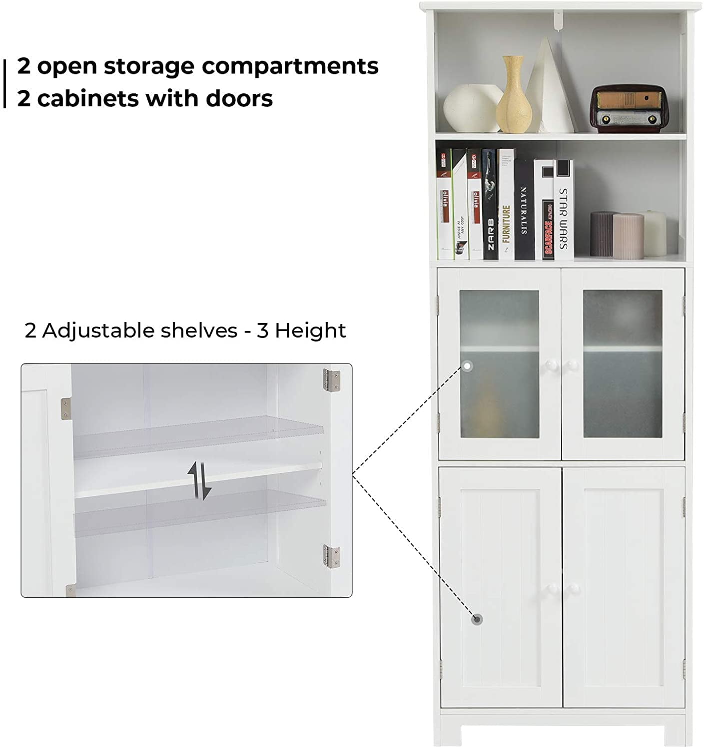 64 Tall Storage Cabinet Standing Bathroom Storage Cupboard Kitchen Organizer with 2 Open Compartments and 2 Cabinets with Doors， White