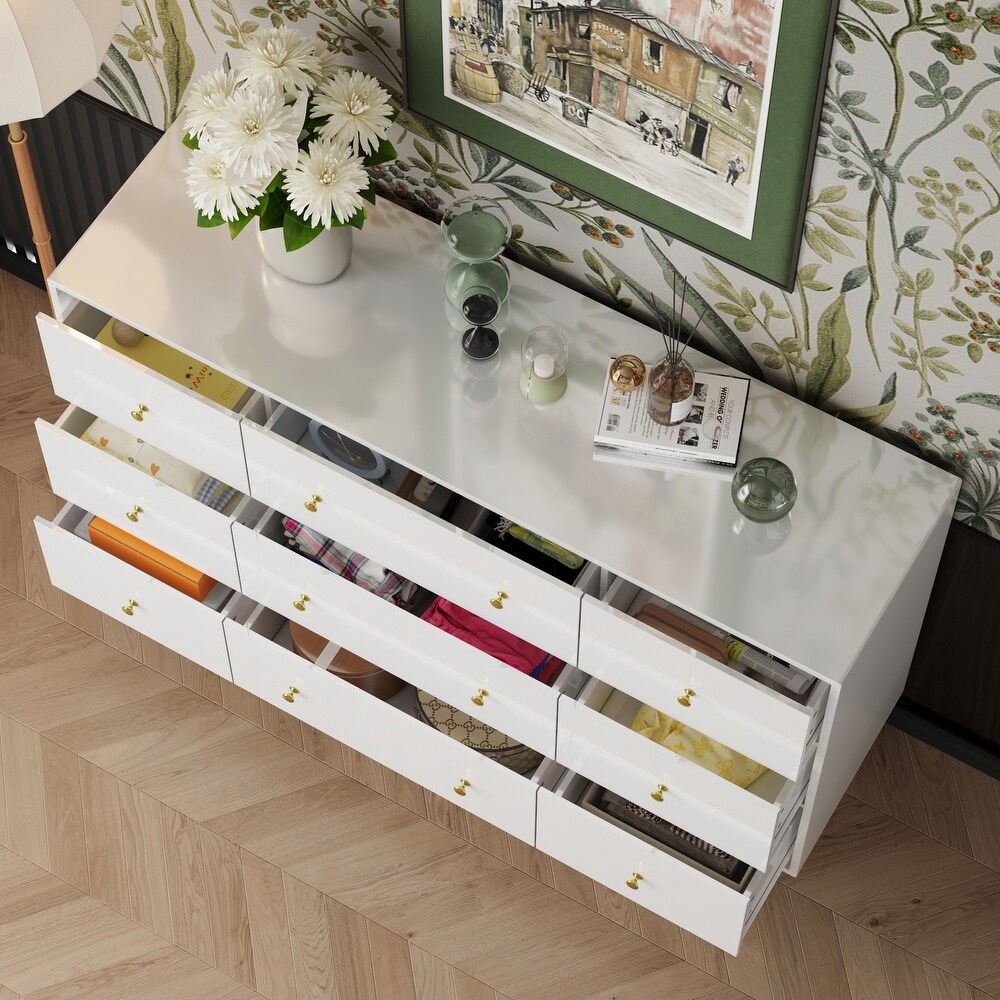 Contemporary 9 Drawer Dresser   High Gloss Finish with Gold Legs Chest