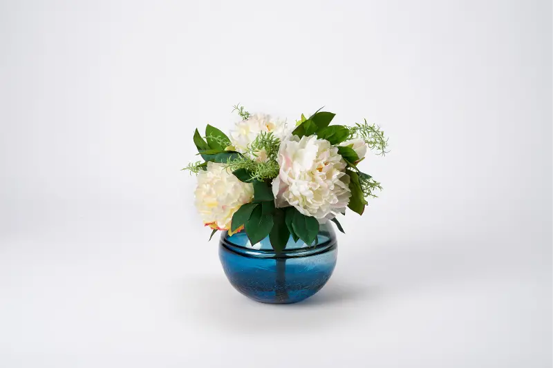 Faux Cream Peony Arrangement in Blue Glass Bowl