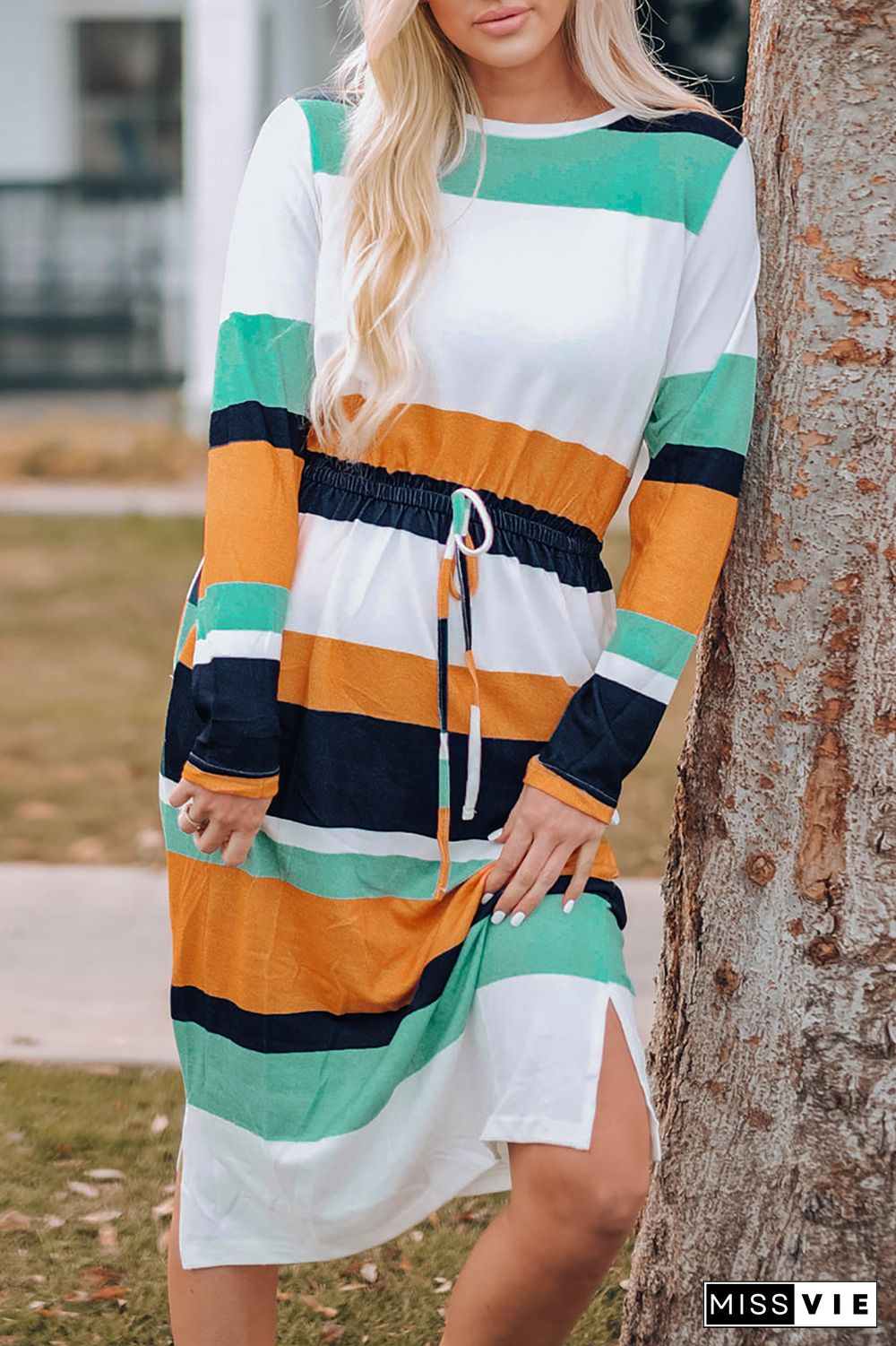 Green Multicolor Block Drawstring Waist Long Sleeve Midi Dress