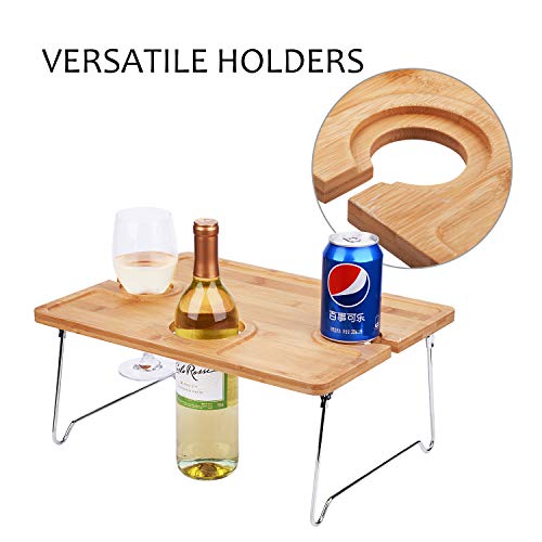 Tirrinia Outdoor Wine Picnic Table， Folding Portable Bamboo Wine Glasses and Bottle， Snack and Cheese Holder Tray for Concerts at Park， Beach， Ideal Wine Lover Gift