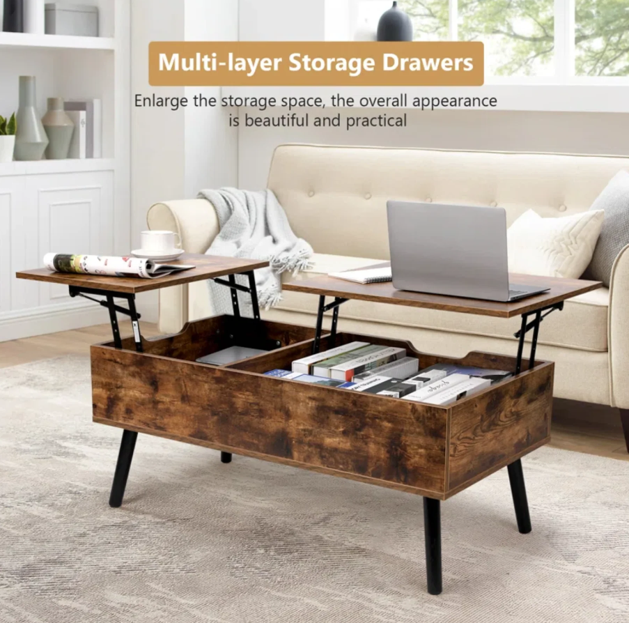 Lift Top Coffee Table with Storage, Double Lift Top Rectangular Storage Coffee Table