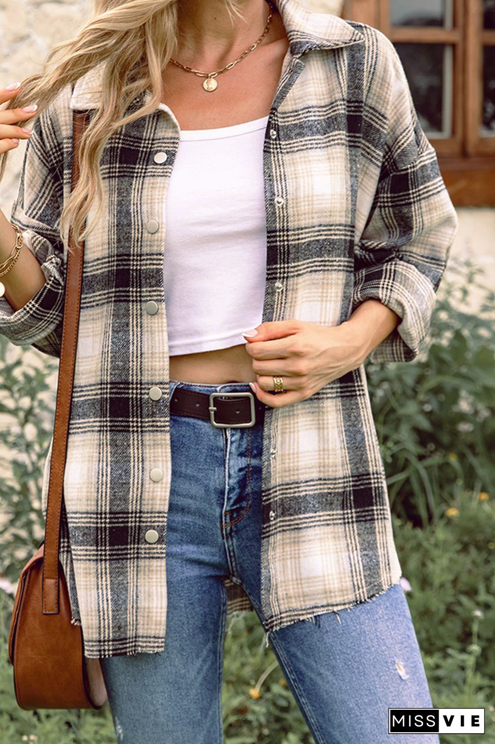 Plaid Front Open Button Raw Trim Jackets