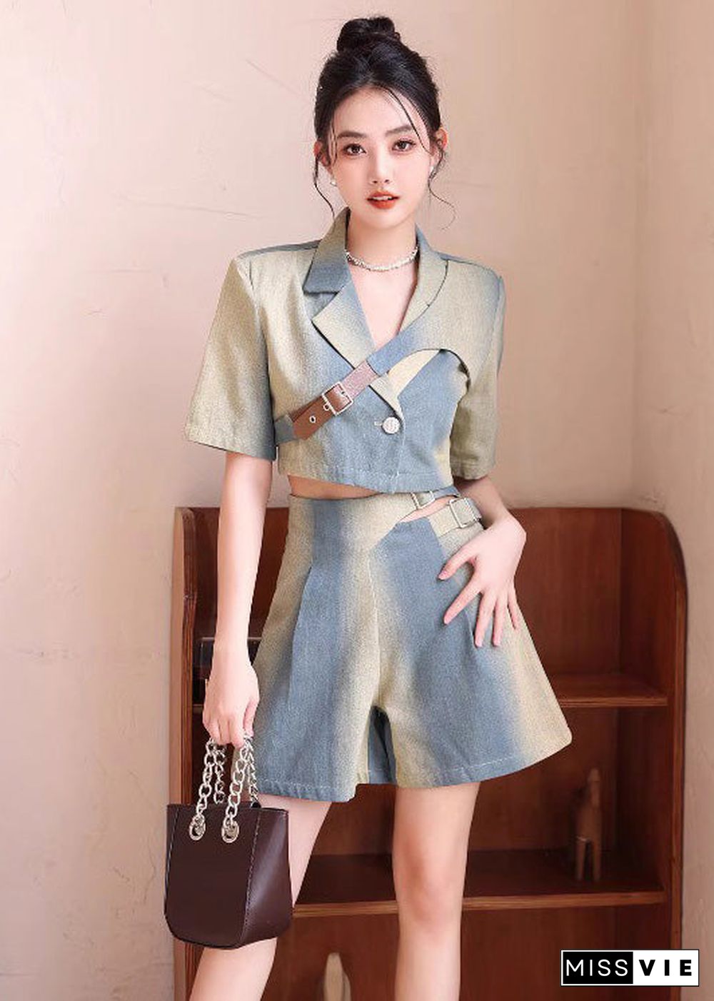 Natural Gradient Color Asymmetrical Denim Tops And Shorts 2 Piece Outfit Summer