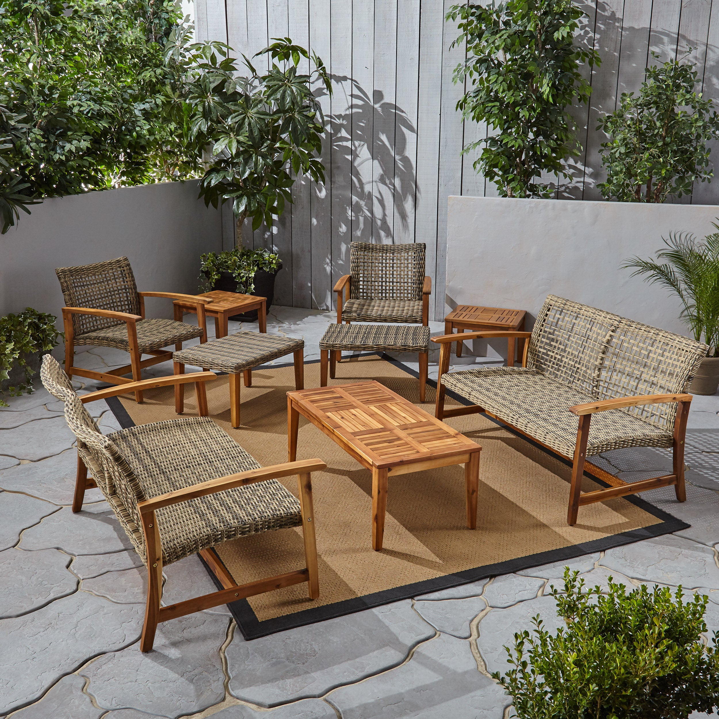 Alyssa Outdoor 9 Piece Wood and Wicker Chat Set