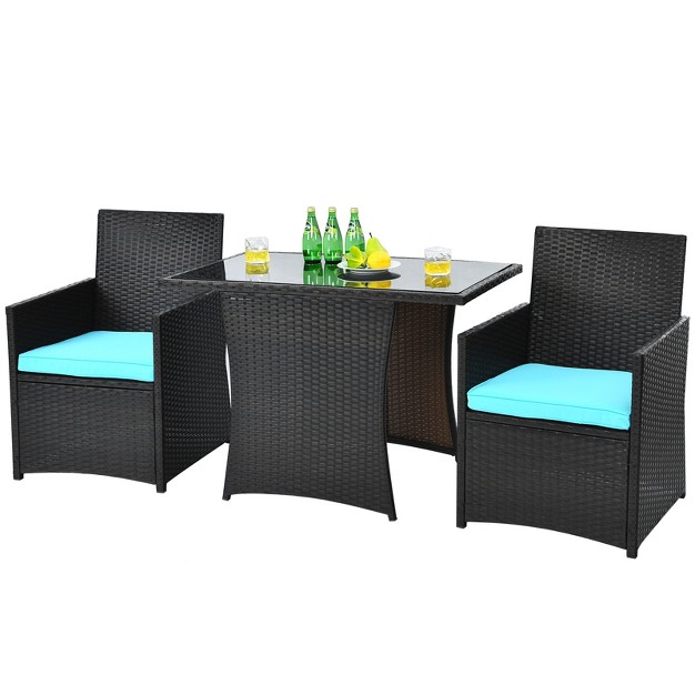 Tangkula 3pcs Patio Rattan Dining Set Space saving Furniture Set With Tempered Glass Top Table And Cushioned Chairs