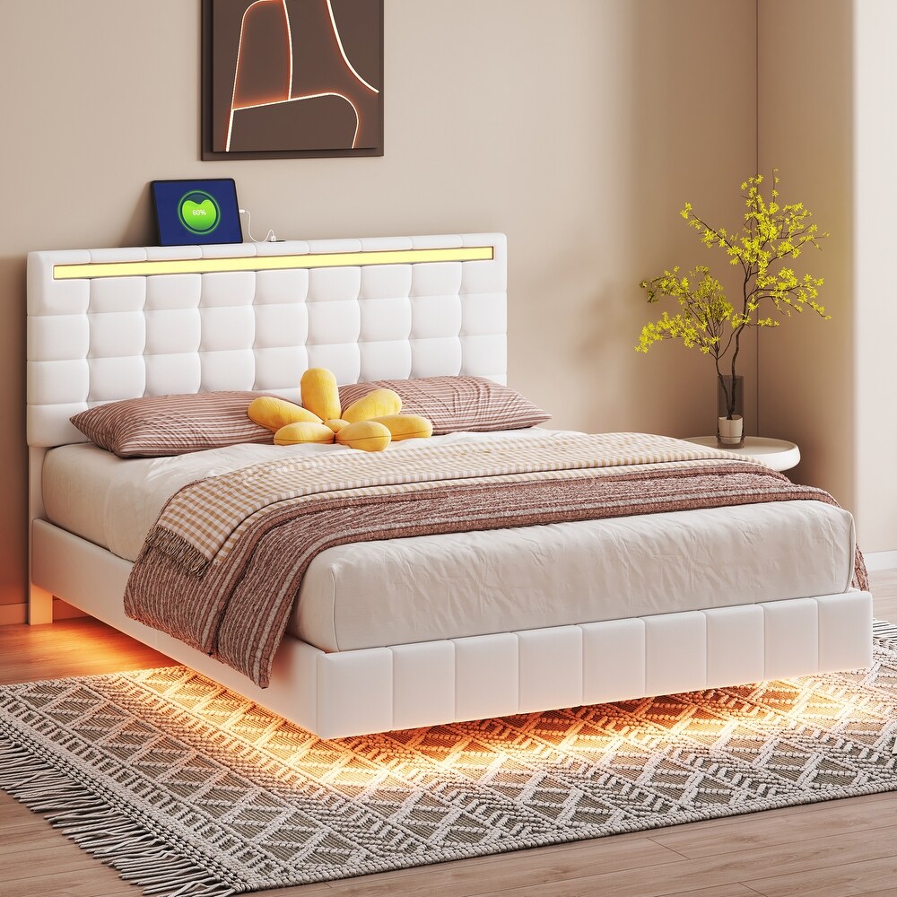 Floating Bed Frame with LED Lights and USB Charging Modern Upholstered Platform LED Bed Frame