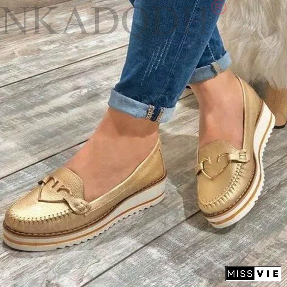 Women Loafers Platform Woman Slip on Sneakers Tassel Bowtie Women's Soft PU Leather Sewing Flat Female Shoes All Seasons 927