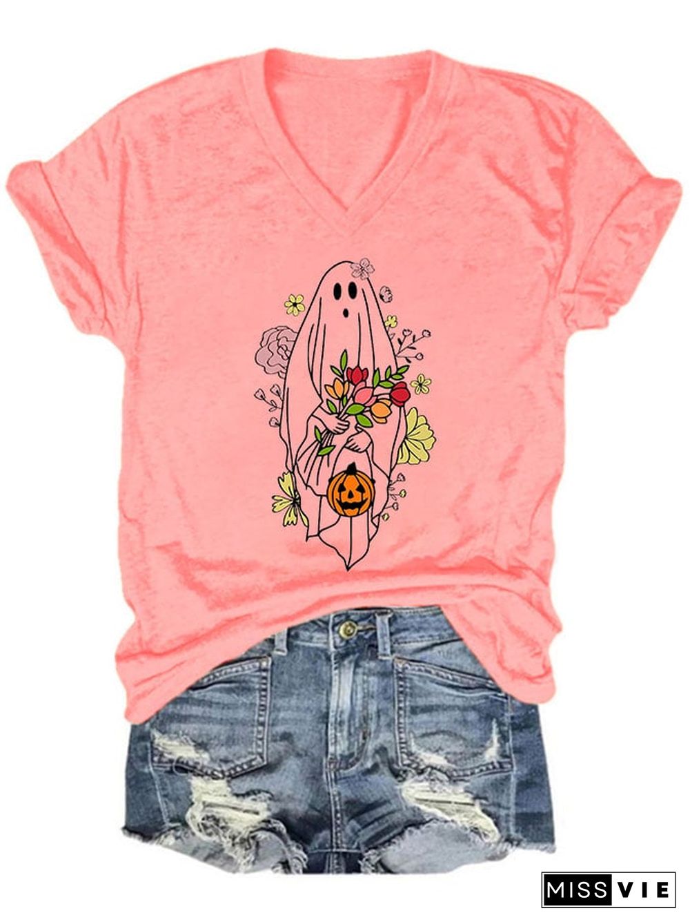 Women's Casual Ghost Art Printed Short Sleeve T-Shirt