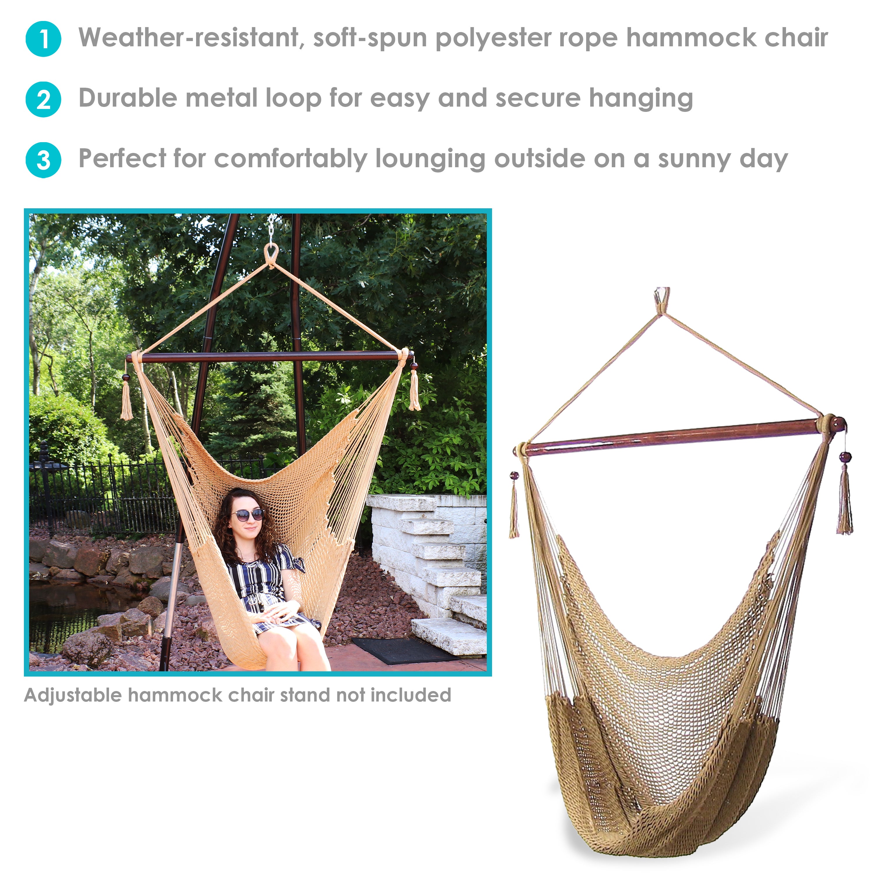 Sunnydaze Caribbean Style Extra Large Hanging Rope Hammock Chair Swing for Backyard and Patio - Tan