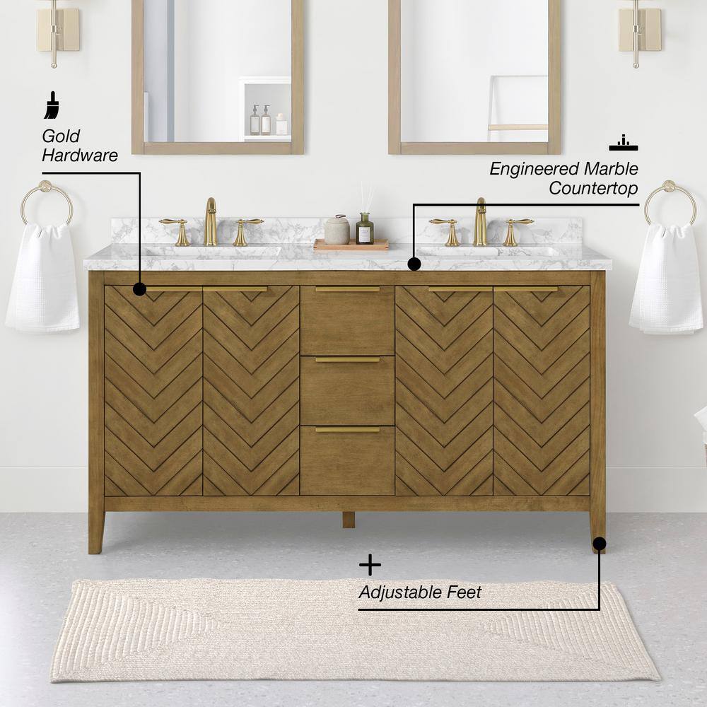 OVE Decors Roselle 60 in. W x 22 in. D x 34.5 in. H Bath Vanity in Almond Latte with White Engineered Marble Top 15VVA-NELL60-05