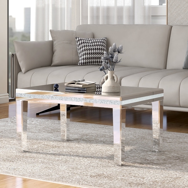 Modern Glass Mirrored Coffee Table， Easy Assembly Cocktail Table with Crystal Design and Adjustable Height Legs， Silver