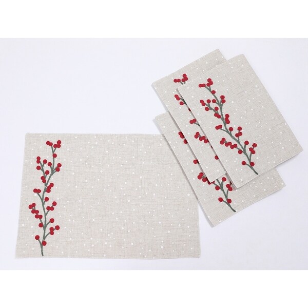 Holly Berry Branch Embroidered Christmas Placemats 14x20，Set of 4