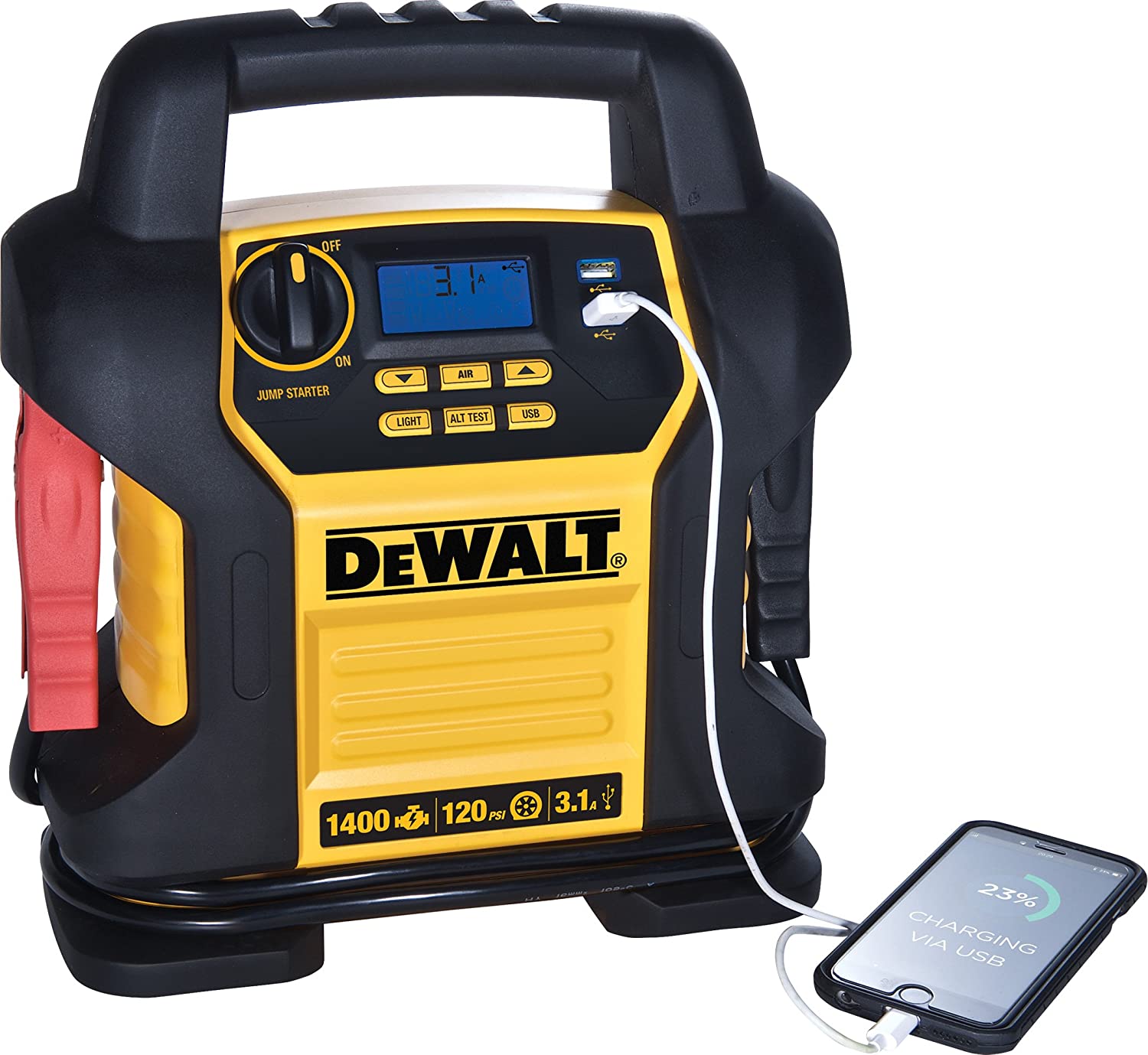 DW DXAEJ14 Digital Portable Power Station Jump Starter， 1400 Peak/700 Instant Amps， 120 PSI Air Compressor， 3.1A USB Ports， Battery Clamps