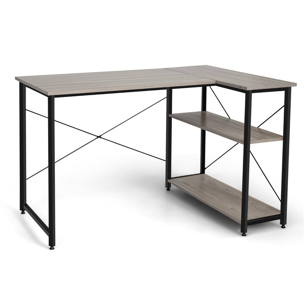 Costway 48 in. Gray Wood Reversible L Shaped Computer Desk Home Office Table Adjustable Shelf CB10121GR