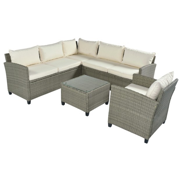 5 piece Outdoor Conversation Set With Coffee Table Cushions And Single Chair modernluxe