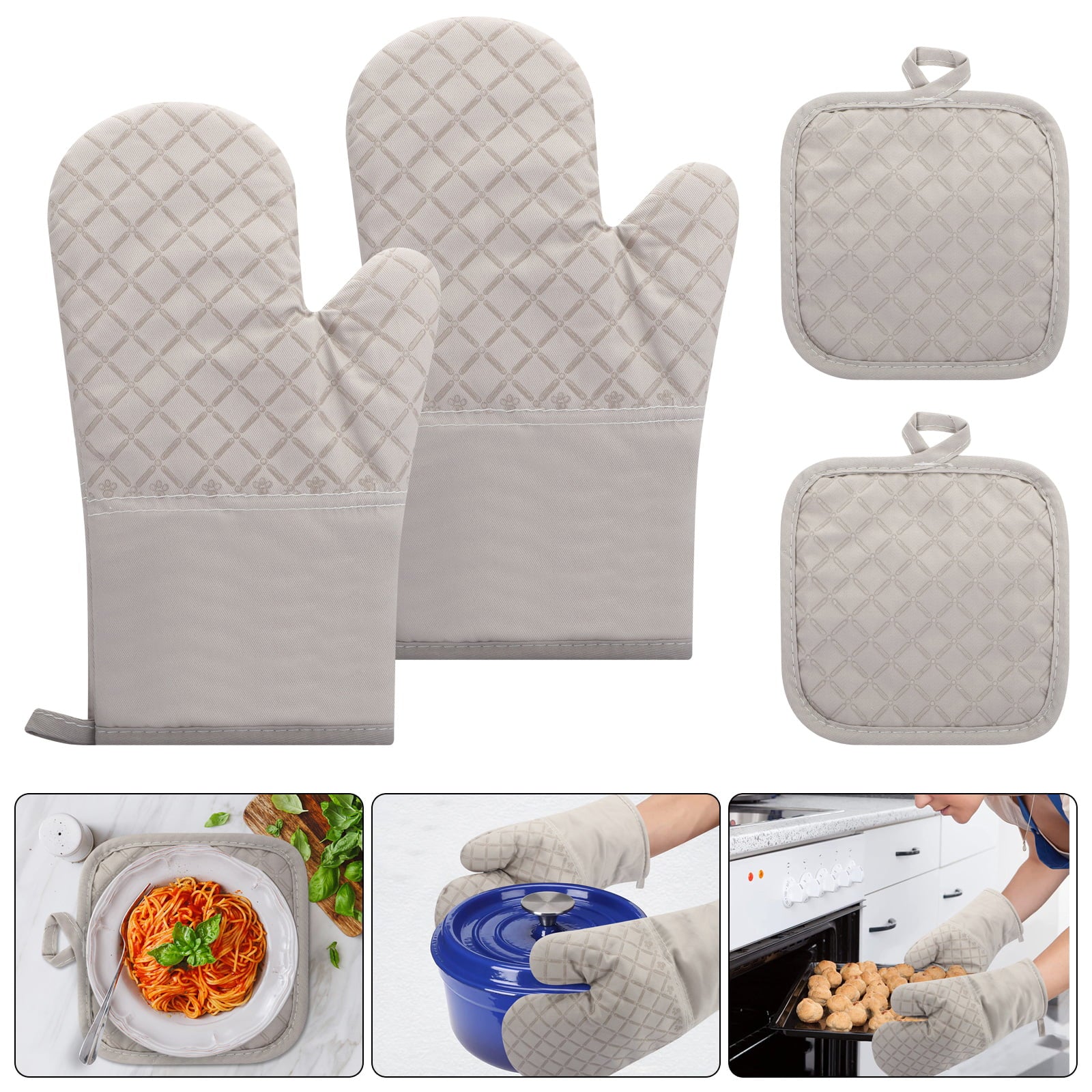 4pcs Oven Mitt and Pot Holder Set， EEEkit 500°F Heat Resistant Non-Slip Silicone Kitchen Oven Glove and Hot Pad Set for Cooking Baking， Beige