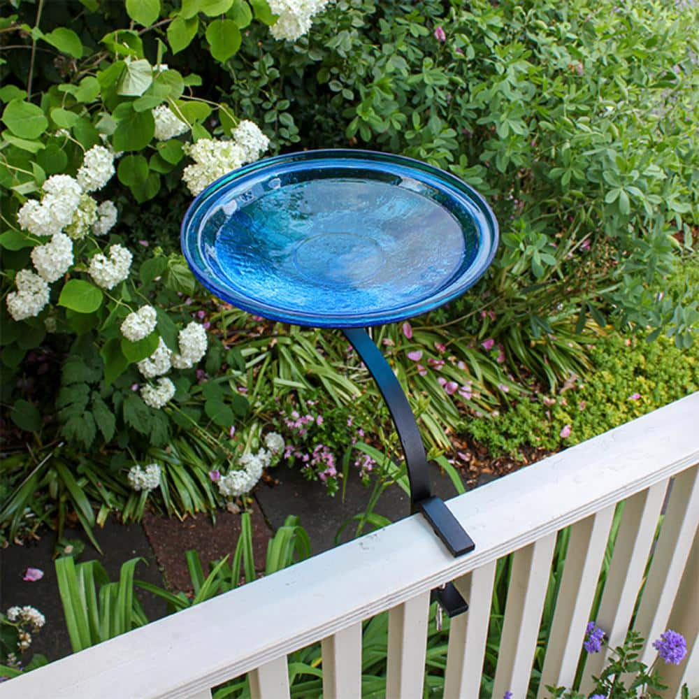 ACHLA DESIGNS 14 in. Dia Teal Blue Reflective Crackle Glass Birdbath Bowl with Rail Mount Bracket CGB-14T-RM