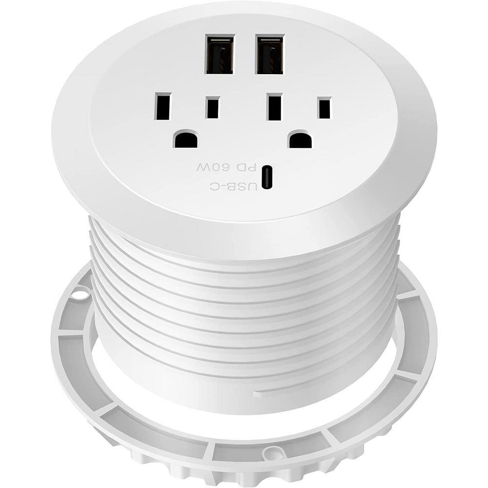 TOPGREENER 12 Amp 2-Outlets Desktop Grommet 60-Watt Power Delivery Type C Port 3-USB Charging Ports White TTRP48APD60-W